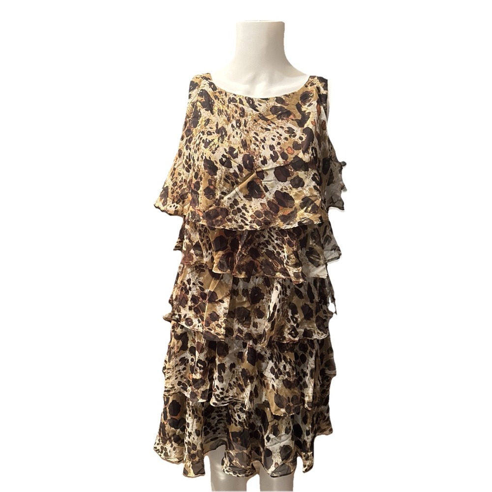 SL Fashions Women's Leopard Print Tiered Ruffle Metallic Dress Brown Size 14